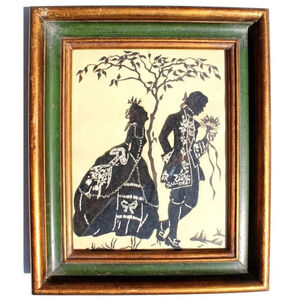 Vtg Silhouette CAMEO Gondola Man & Woman Framed Felt Portrait Picture Wall Art